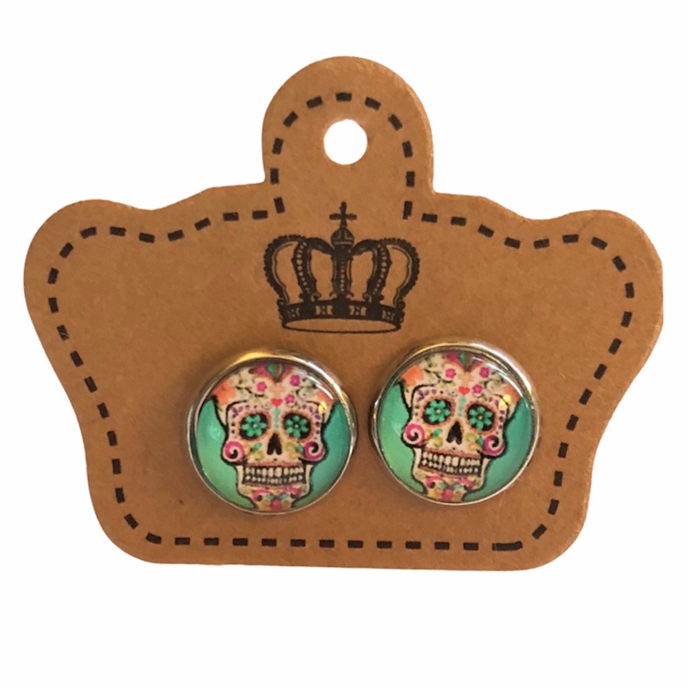 Sugar Skull Blue Cabochon Silver Stud Earrings!